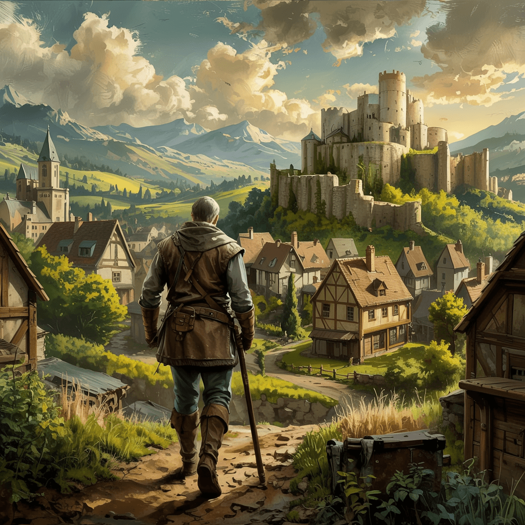 A traveler on the road into a village beneath a castle