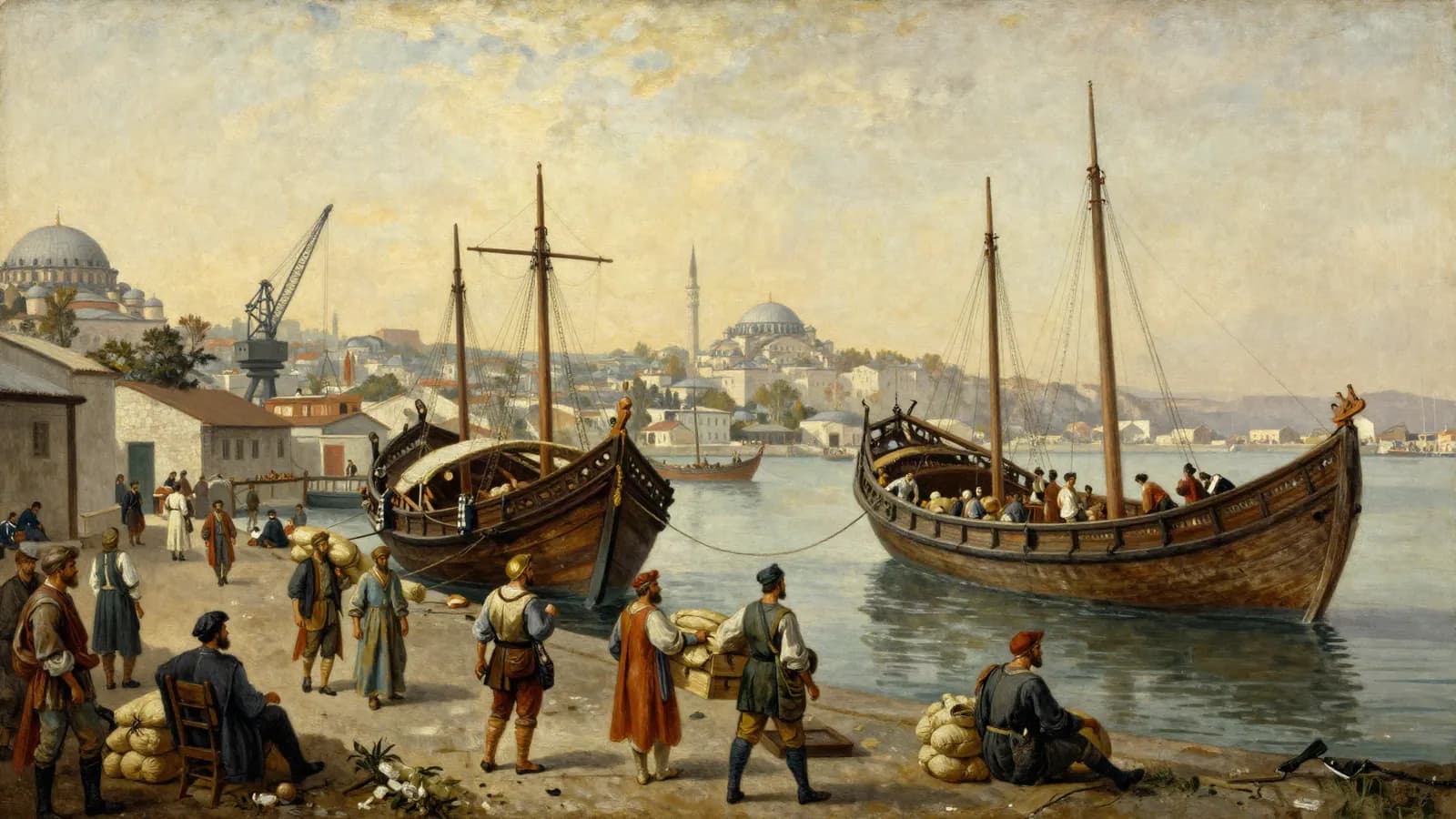 Workers and ships along the harbor at Konstantiniyye