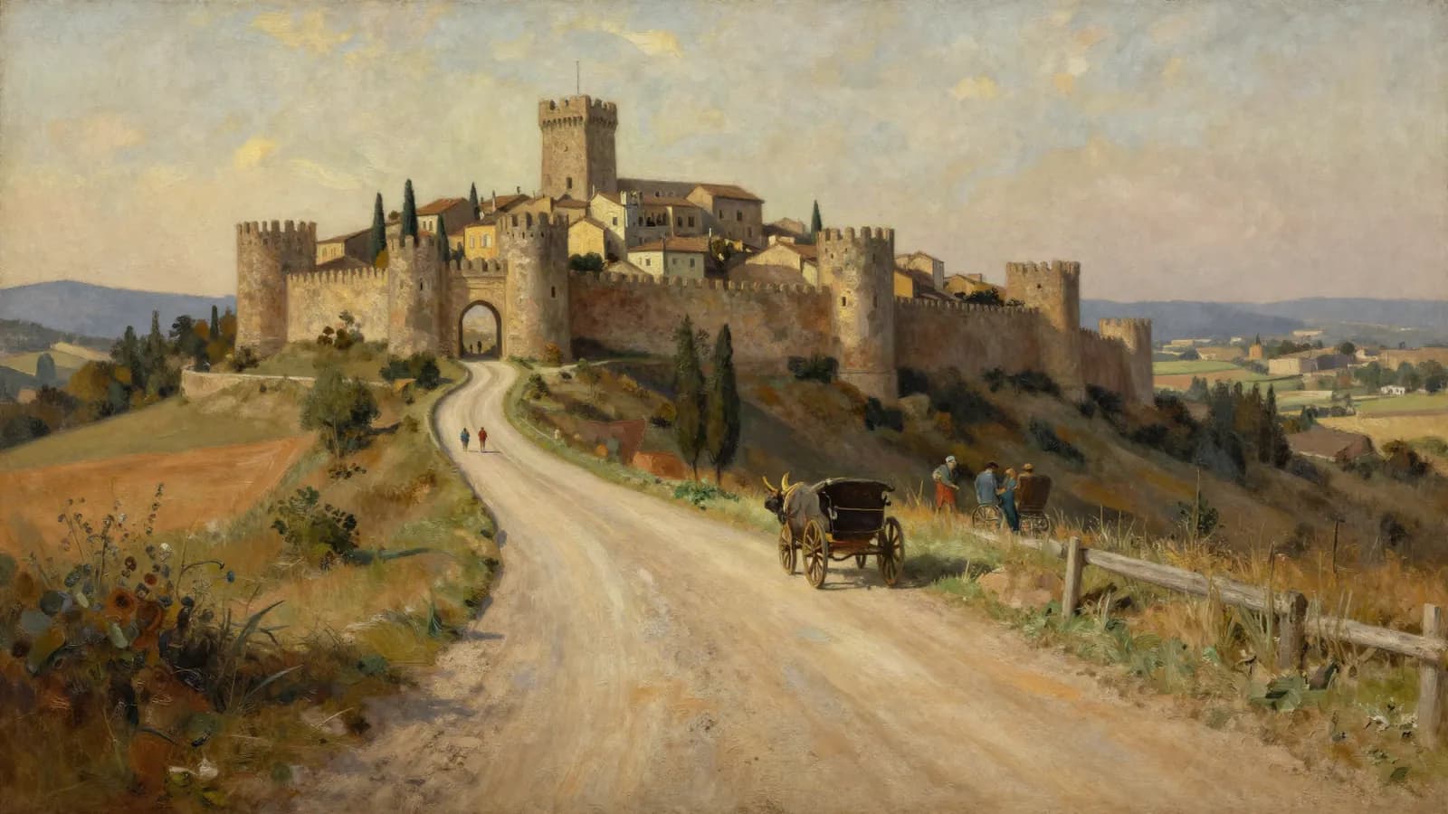 A road in late afternoon approaching a walled town